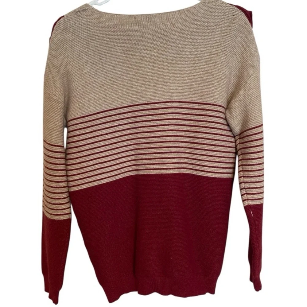 Entro Colorblock Ruffle V-Neck Sweater – Burgundy & Tan Striped Knit Size Small